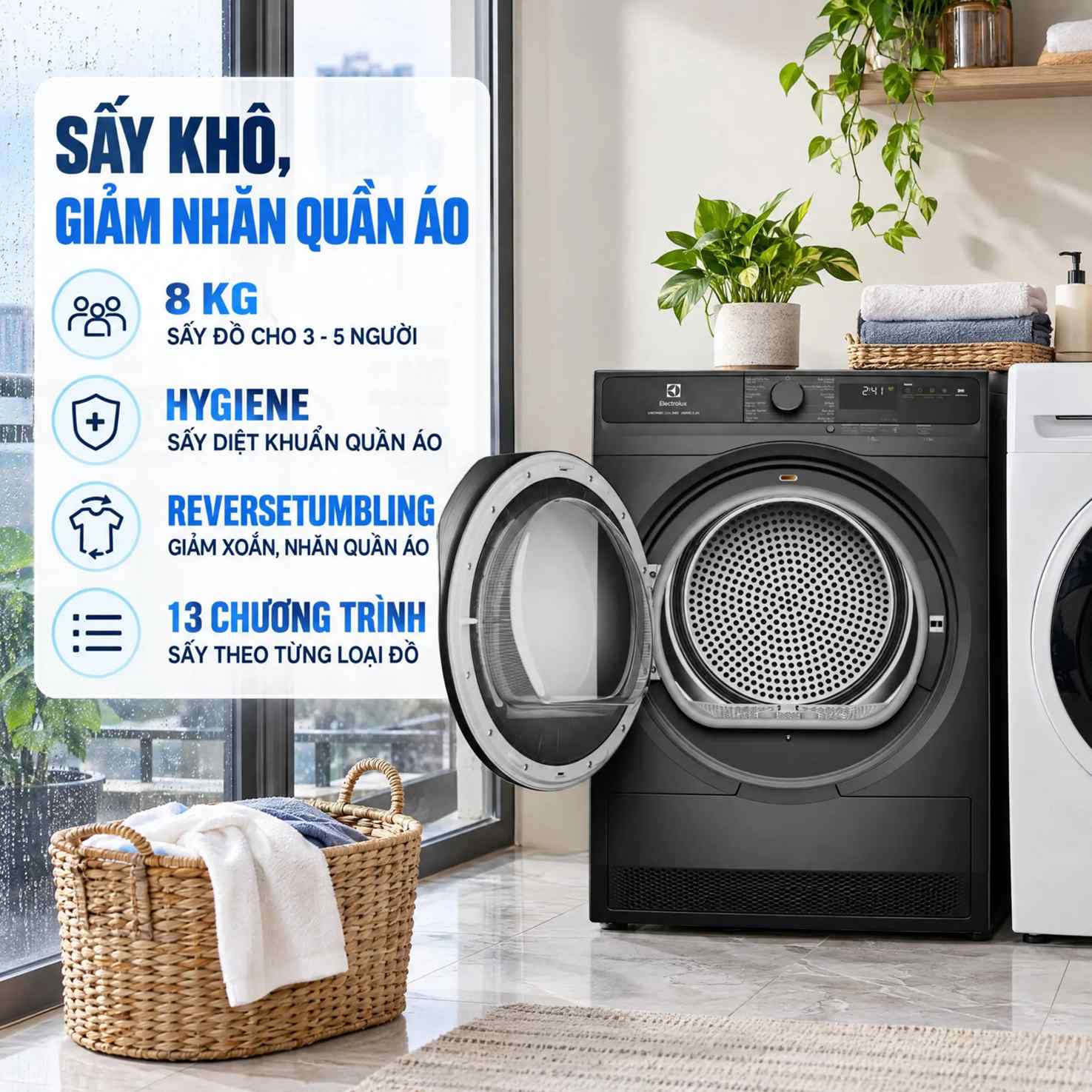Máy sấy quần áo Electrolux màu đen cửa trước dung tích 8 kg, có chế độ Hygiene và 13 chương trình sấy